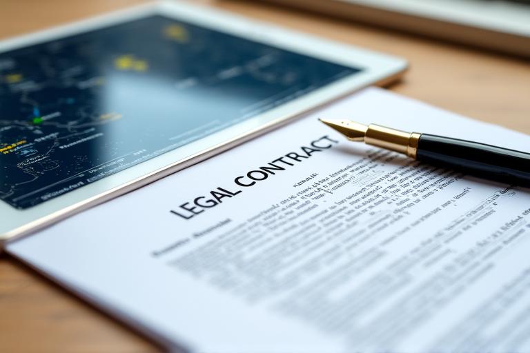 Particolare di un contratto legale firmato accanto a tablet con grafici climatici